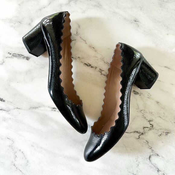Chloe Shoes - Chloe Womens Black Patent Leather Scalloped Low Block Pumps